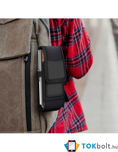Univerzális álló övre fűzhető mobiltelefon tartó fém csipesszel - 16×8×3 cm - FEKETE