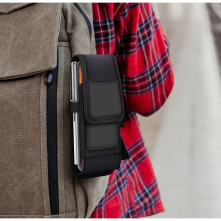 Univerzális álló övre fűzhető mobiltelefon tartó fém csipesszel - 16×8×3 cm - FEKETE