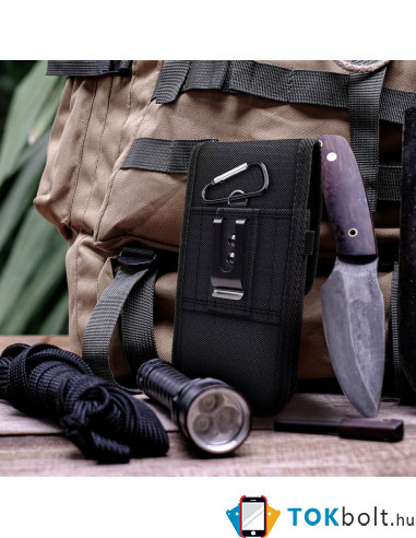 Univerzális álló övre fűzhető mobiltelefon tartó fém csipesszel - 16×8×3 cm - FEKETE