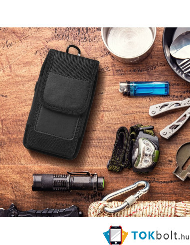 Univerzális álló övre fűzhető mobiltelefon tartó fém csipesszel - 16×8×3 cm - FEKETE