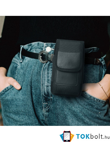 Univerzális álló övre fűzhető mobiltelefon tartó fém csipesszel - 16×8×3 cm - FEKETE
