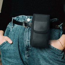 Univerzális álló övre fűzhető mobiltelefon tartó fém csipesszel - 16×8×3 cm - FEKETE