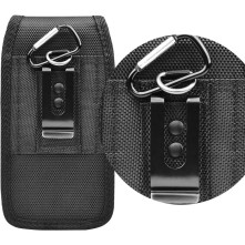 Univerzális álló övre fűzhető mobiltelefon tartó fém csipesszel - 16×8×3 cm - FEKETE