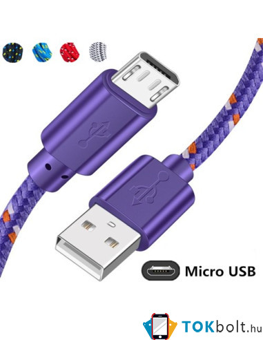 MicroUSB kábel - adatkábel - fonott dizájn - 2m hosszú - SZÍNES - FEKETE
