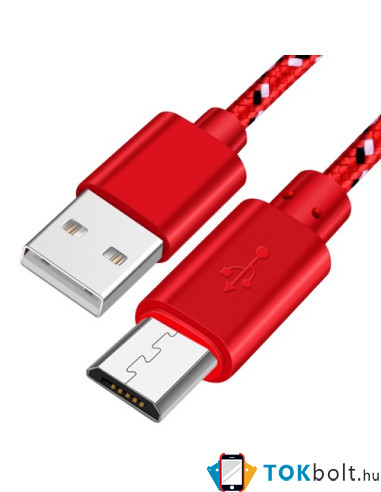 MicroUSB kábel - adatkábel - fonott dizájn - 2m hosszú - SZÍNES - PIROS