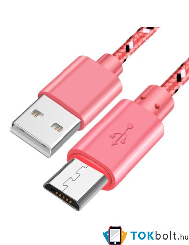 MicroUSB kábel - adatkábel - fonott dizájn - 2m hosszú - SZÍNES - RÓZSASZÍN