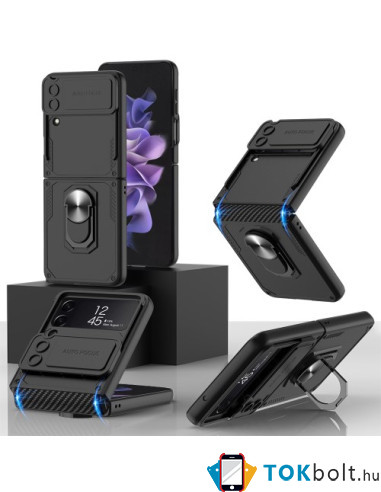 Kemény műanyag és rugalmas TPU hibrid tok Samsung Galaxy Z Flip4 5G telefonhoz - FEKETE