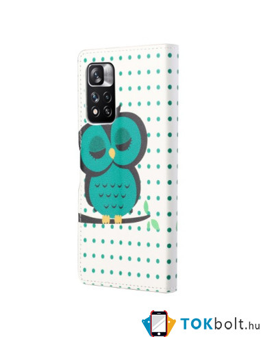 Oldalra nyíló mintás telefontok Xiaomi Redmi Note 11 Pro telefonhoz - ZÖLD BAGLYOS