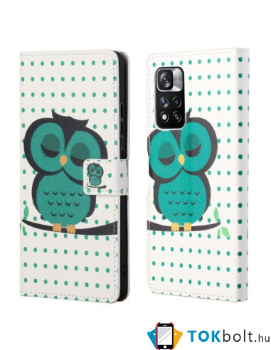 Oldalra nyíló mintás telefontok Xiaomi Redmi Note 11 Pro telefonhoz - ZÖLD BAGLYOS