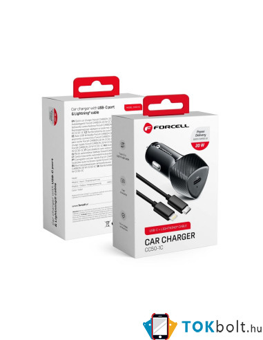 FORCELL CARBON autós töltő Type C 3.0 PD20W CC50-1C black (Total 20W) Type-C Lightning kábellel - FEKETE