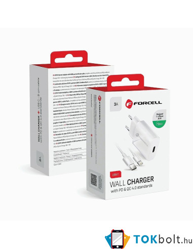 FORCELL töltő EU USB Lightning kábellel 3A 20W Quick Charge 4.0 - FEHÉR