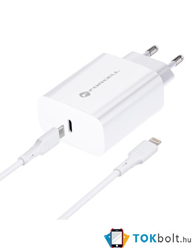 FORCELL töltő EU USB Lightning kábellel 3A 20W Quick Charge 4.0 - FEHÉR