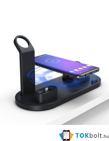 UD15 3 az 1-ben forhatható töltőállvány Type-C, MicroUSB, Lightning kimenettel telefonhoz, AirPodhoz, Apple Watchhoz - FEKETE