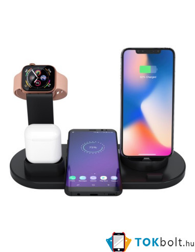 UD15 3 az 1-ben forhatható töltőállvány Type-C, MicroUSB, Lightning kimenettel telefonhoz, AirPodhoz, Apple Watchhoz - FEKETE