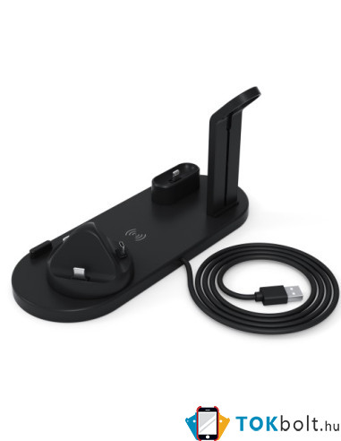 UD15 3 az 1-ben forhatható töltőállvány Type-C, MicroUSB, Lightning kimenettel telefonhoz, AirPodhoz, Apple Watchhoz - FEKETE