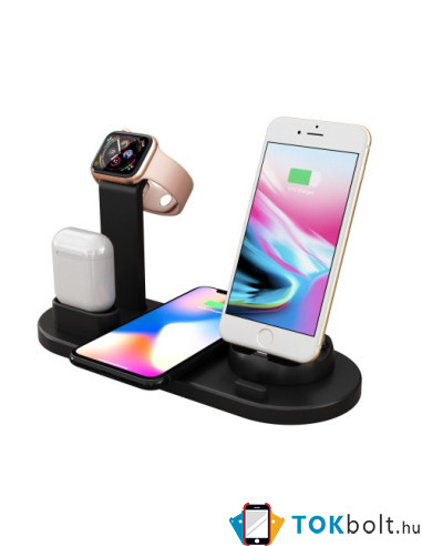 UD15 3 az 1-ben forhatható töltőállvány Type-C, MicroUSB, Lightning kimenettel telefonhoz, AirPodhoz, Apple Watchhoz - FEKETE