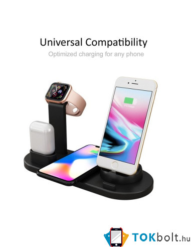 UD15 3 az 1-ben forhatható töltőállvány Type-C, MicroUSB, Lightning kimenettel telefonhoz, AirPodhoz, Apple Watchhoz - FEKETE
