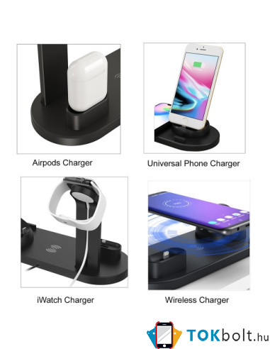 UD15 3 az 1-ben forhatható töltőállvány Type-C, MicroUSB, Lightning kimenettel telefonhoz, AirPodhoz, Apple Watchhoz - FEKETE