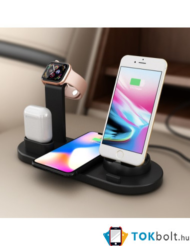 UD15 3 az 1-ben forhatható töltőállvány Type-C, MicroUSB, Lightning kimenettel telefonhoz, AirPodhoz, Apple Watchhoz - FEKETE