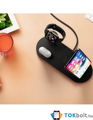 UD15 3 az 1-ben forhatható töltőállvány Type-C, MicroUSB, Lightning kimenettel telefonhoz, AirPodhoz, Apple Watchhoz - FEKETE