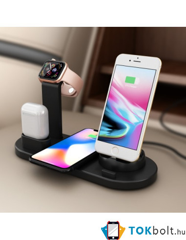 UD15 3 az 1-ben forhatható töltőállvány Type-C, MicroUSB, Lightning kimenettel telefonhoz, AirPodhoz, Apple Watchhoz - FEKETE