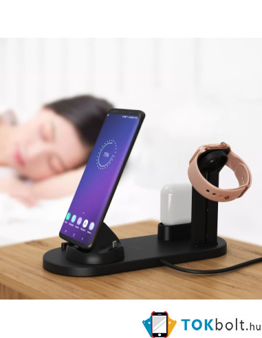 UD15 3 az 1-ben forhatható töltőállvány Type-C, MicroUSB, Lightning kimenettel telefonhoz, AirPodhoz, Apple Watchhoz - FEKETE