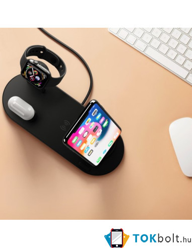 UD15 3 az 1-ben forhatható töltőállvány Type-C, MicroUSB, Lightning kimenettel telefonhoz, AirPodhoz, Apple Watchhoz - FEKETE