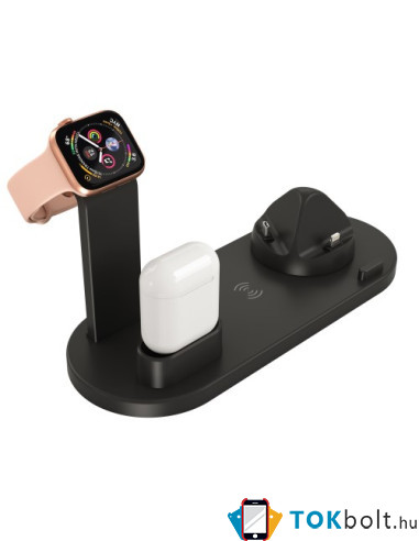 UD15 3 az 1-ben forhatható töltőállvány Type-C, MicroUSB, Lightning kimenettel telefonhoz, AirPodhoz, Apple Watchhoz - FEKETE