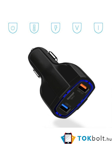 Wozinsky autós töltő USB x2 és USB-C - WCC-01 - FEKETE