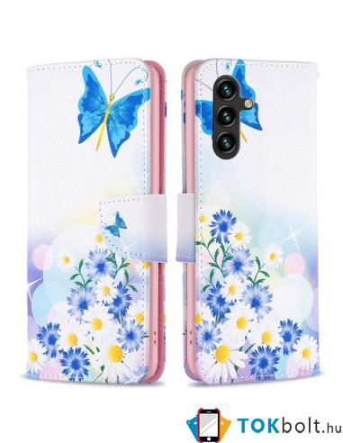Oldalra nyíló mintás telefontok Samsung Galaxy A15 / A15 5G telefonhoz - PILLANGÓK ÉS VIRÁGOK