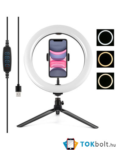PULUZ PKT3071B vlogger tripod telefon állvány LED körfény (Youtube – TIK TOK – Instagram videókhoz) - FEKETE