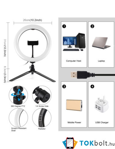 PULUZ PKT3071B vlogger tripod telefon állvány LED körfény (Youtube – TIK TOK – Instagram videókhoz) - FEKETE