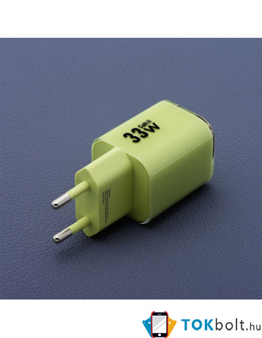 FORCELL F-ENERGY Crystal Color GaN III VT-41 utazótöltő szilikonkábellel, USB-C, USB-A csatlakozóval 33 W - ZÖLD