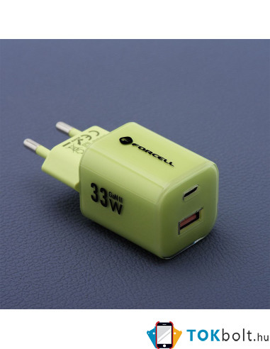 FORCELL F-ENERGY Crystal Color GaN III VT-41 utazótöltő szilikonkábellel, USB-C, USB-A csatlakozóval 33 W - ZÖLD