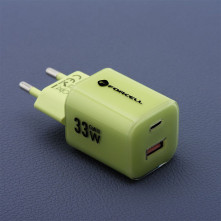 FORCELL F-ENERGY Crystal Color GaN III VT-41 utazótöltő szilikonkábellel, USB-C, USB-A csatlakozóval 33 W - ZÖLD