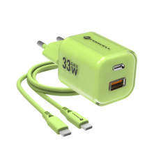 FORCELL F-ENERGY Crystal Color GaN III VT-41 utazótöltő szilikonkábellel, USB-C, USB-A csatlakozóval 33 W - ZÖLD