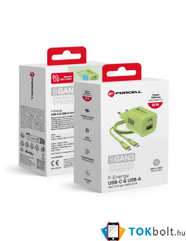 FORCELL F-ENERGY Crystal Color GaN III VT-41 utazótöltő szilikonkábellel, USB-C, USB-A csatlakozóval 33 W - ZÖLD