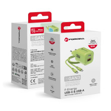 FORCELL F-ENERGY Crystal Color GaN III VT-41 utazótöltő szilikonkábellel, USB-C, USB-A csatlakozóval 33 W - ZÖLD