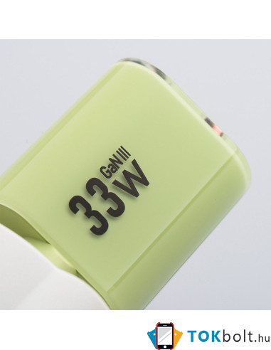 FORCELL F-ENERGY Crystal Color GaN III VT-41 utazótöltő szilikonkábellel, USB-C, USB-A csatlakozóval 33 W - ZÖLD