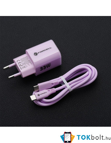 FORCELL F-ENERGY Crystal Color GaN III VT-41 utazótöltő szilikonkábellel, USB-C, USB-A csatlakozóval 33 W - RÓZSASZÍN