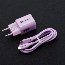 FORCELL F-ENERGY Crystal Color GaN III VT-41 utazótöltő szilikonkábellel, USB-C, USB-A csatlakozóval 33 W - RÓZSASZÍN