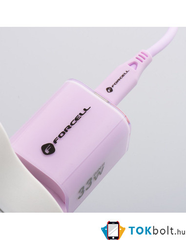 FORCELL F-ENERGY Crystal Color GaN III VT-41 utazótöltő szilikonkábellel, USB-C, USB-A csatlakozóval 33 W - RÓZSASZÍN