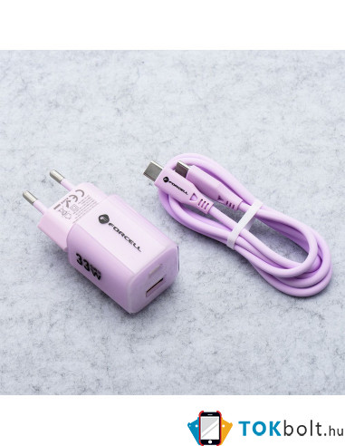 FORCELL F-ENERGY Crystal Color GaN III VT-41 utazótöltő szilikonkábellel, USB-C, USB-A csatlakozóval 33 W - RÓZSASZÍN