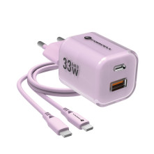 FORCELL F-ENERGY Crystal Color GaN III VT-41 utazótöltő szilikonkábellel, USB-C, USB-A csatlakozóval 33 W - RÓZSASZÍN