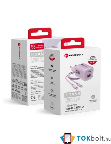 FORCELL F-ENERGY Crystal Color GaN III VT-41 utazótöltő szilikonkábellel, USB-C, USB-A csatlakozóval 33 W - RÓZSASZÍN