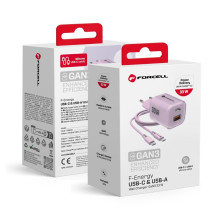 FORCELL F-ENERGY Crystal Color GaN III VT-41 utazótöltő szilikonkábellel, USB-C, USB-A csatlakozóval 33 W - RÓZSASZÍN