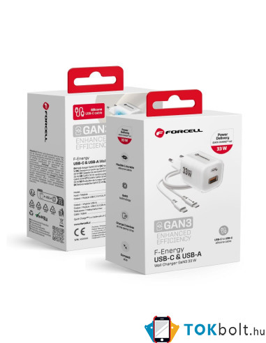 FORCELL F-ENERGY Crystal Color GaN III VT-41 utazótöltő szilikonkábellel, USB-C, USB-A csatlakozóval 33 W - FEHÉR