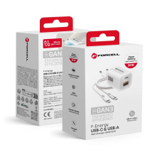 FORCELL F-ENERGY Crystal Color GaN III VT-41 utazótöltő szilikonkábellel, USB-C, USB-A csatlakozóval 33 W - FEHÉR