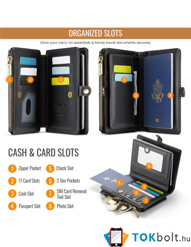 CASEME ME60 bőr pénztárca – RFID védelem 11 kártyahellyel - 15.5×11.3×3.2 cm - FEKETE