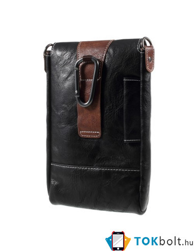Outdoor taktikai PU bőr telefontáska – fekete-barna, vállpánttal és övcsipesszel (6.3 colos)